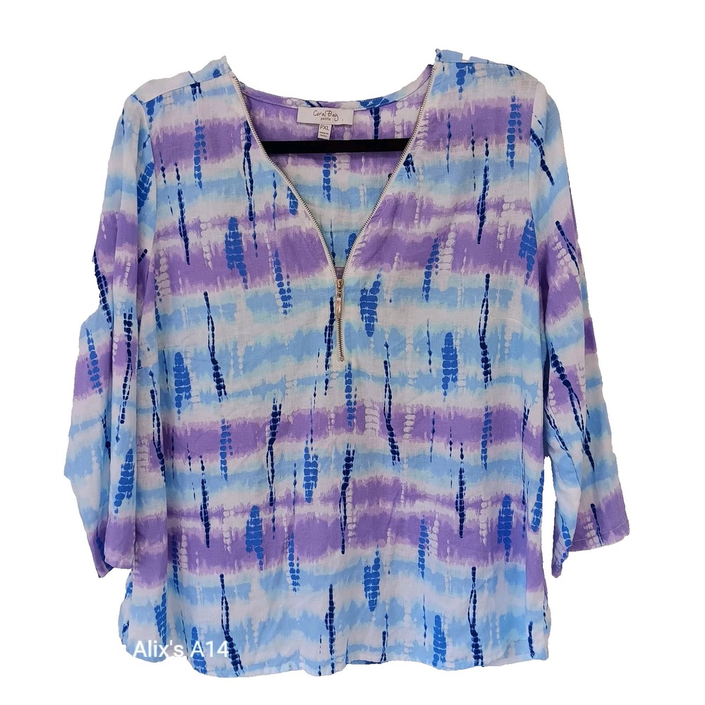 Coral Bay Blouse Women PXL Linen Blend Zip Top Multicolor Long Sleeve